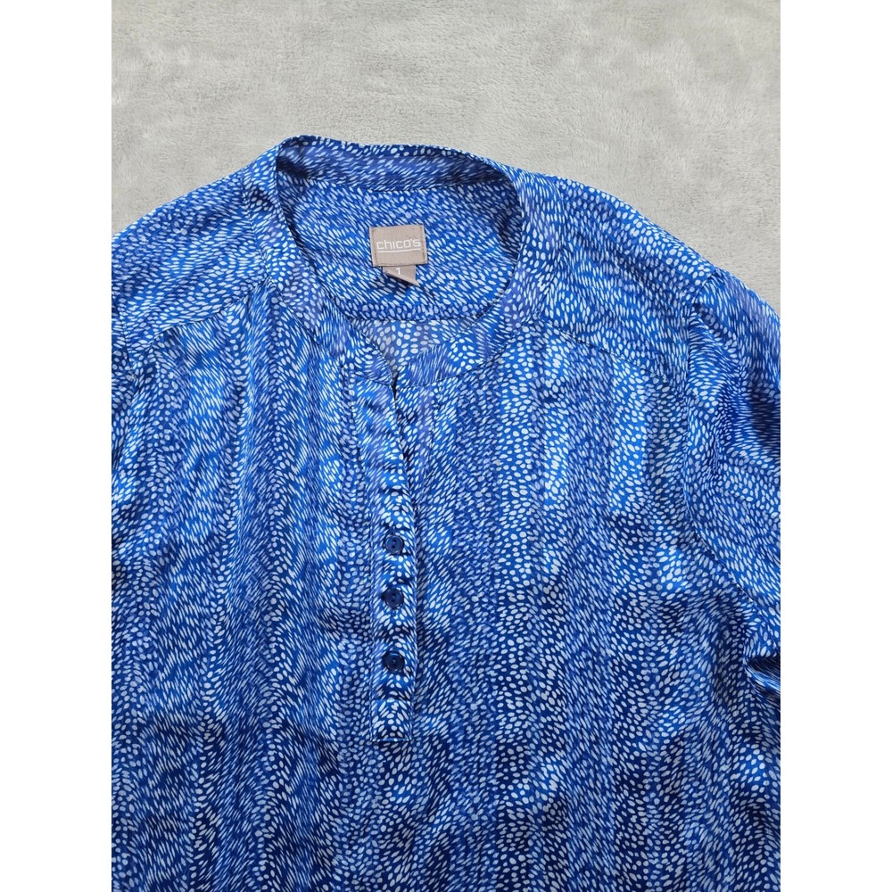 Chicos Top Shirt Blouse Womens Size 1 Blue White Half Button Down Sheer